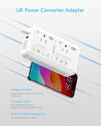 Image of BESTEK US to UK Plug Adapter Voltage Converter 2000W 220V to 110V Converter with 2 USB Ports, Type G Adapter for UK Ireland Scotland and Hong Kong