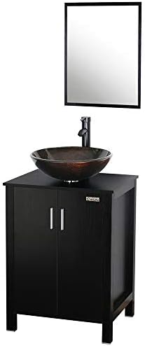 eclife 24" Bathroom Vanity Combo Modern MDF Cabinet with Vanity Mirror Brown Round Tempered Glass Counter Top Vessel Sink with 1.5 GPM Faucet and Pop Up Drain (A09B04)