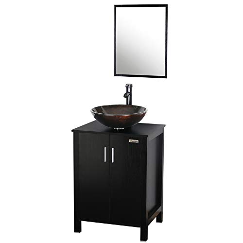 Eclife 24" Bathroom Vanity Combo Modern Mdf Cabinet With Vanity Mirror Brown Round Tempered Glass Counter Top Vessel Sink With 1.5 Gpm Faucet And Pop Up Drain (A09B04) #TOP2