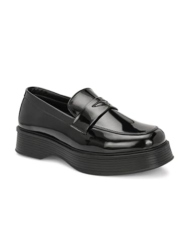 Image of Leo Men's Patent Look Platform Penny Loafers | Chunky Sole Slip-On Moccasin Shoes for Office, Formal & Casual Wear
