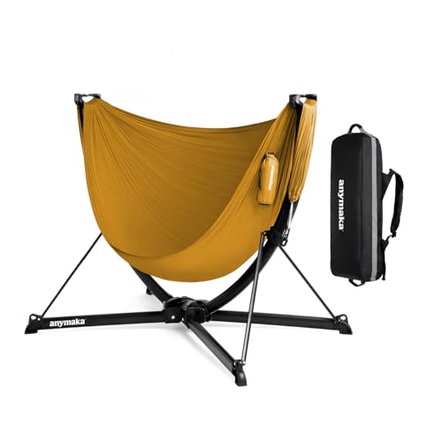 Image of Set Up in 3 Seconds Swing Chair with Stand,Outdoor Indoor Adjustable Portable Aluminum Alloy Hammock Chair (Swing Chair Set Sunset Yellow)