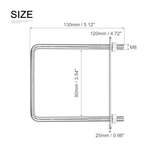 Image of DTGN M8x90x130mm(ThreadxWxL) Square U Bolt - 2Pack - Good for Trailer Pipe Replacement Parts - 304 Stainless Steel U Shape Bolts