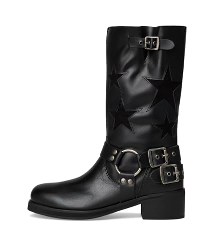 Image of Dingo Womens Blacklist Tooled Inlay Round Toe Pull On Motorcycle Casual Boots Mid Calf Mid Heel 2-3 inch