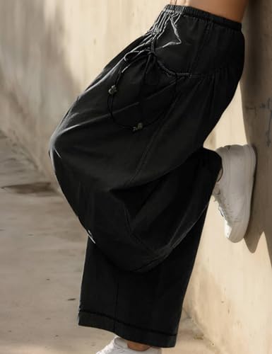 Women's Loose Wide Leg Track Pants Step by Step Pants Summer Wide Leg Lounge Casual Pant with Big Ruched Pockets Black2