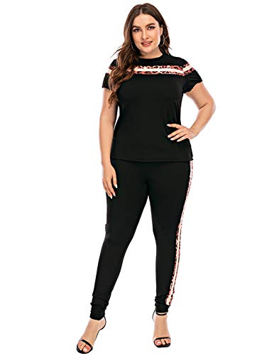 PYL Womens Plus Size Tracksuit Set 2 Pieces Outfit, Leopard Casual Tee Top + Elastic Pant Sportswear Sweatsuit Set Black