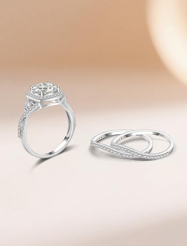 Image of moissanite 3 piece wedding ring set for Women,3CT Princess Cut Halo Bridal Set Wedding Bands S925 Sterling Silver with 18K White Gold Plated Engagement Anniversary Rings for Her Size 4.5-11