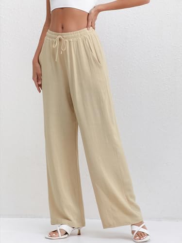 Women’s Linen Summer Palazzo Pants Flowy Wide Leg Beach Casual Pants Loose Trousers with Pockets4