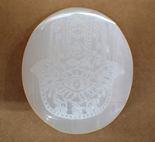 Image of Amazing Gemstone Selenite Palm Stone - Hamsa Hand Engraved Hot Massage Worry Stone for Natural Body Chakra Balancing, Reiki Healing and Crystal Grid