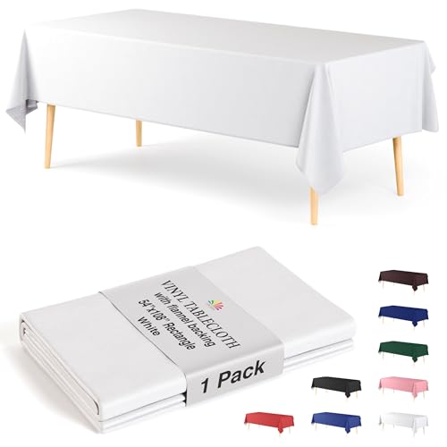 Exquisite White Vinyl Tablecloths - 54 in. x 108 in. - Pack of 1 Rectangle Tablecloth with Flannel Backing - Plastic, Reusable & Waterproof
