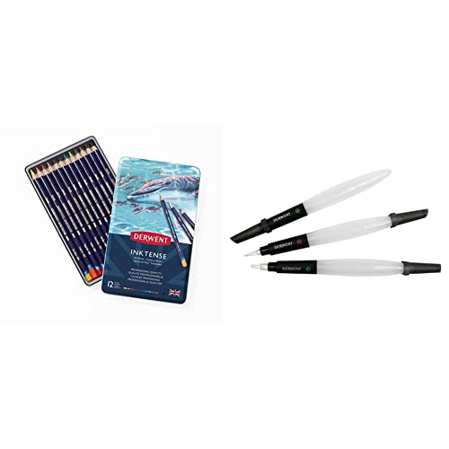 Derwent Inktense - Set de 12 Crayons de Couleurs Aquarellables Permanents & Lot de 3 Pinceaux Waterbrush pour Peinture Aquarelle, Embouts Biseauté, Fin et Moyen Inclus, Qualité Professionnelle
