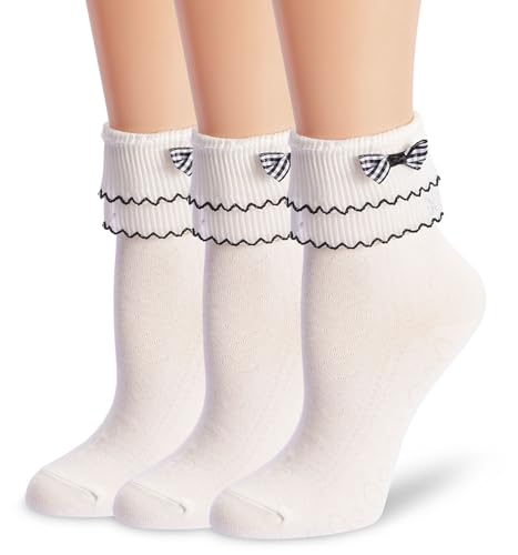Image of Women Ruffle Ankle Socks, Lace Socks Cute Frilly Cotton Socks Girl Princess Socks 3 Pairs