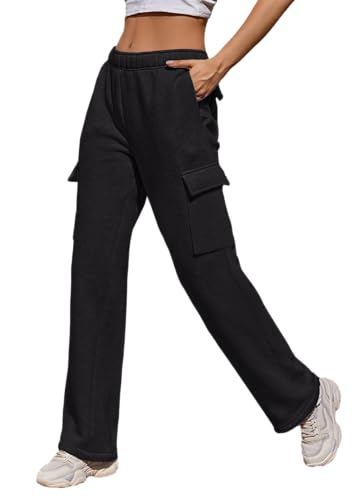 Niyokki Black Cargo Sweatpants For Women Wide Leg Elastic High Waisted Soft Straight Leg Baggy Sweat Pants With Pocket Casual Lounge Pants Cute Comfy Joggers thumb #3