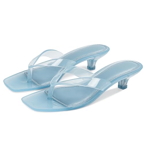 Image of Dsevht Kitten Heels for Women Jelly Square Open Toe Sandals Flip Flop Heel Summer Low Heeled Thong Sandals