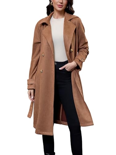 Haianguoji Women's Winter Faux Suede Long Trench Coat Casual Double-Breasted Notch Lapel Overcoat Outerwear(Coffee, S)