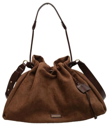 Women's Retro Suede Bag Drawstring Crossbody Purse Faux Suede Shoulder Handbag Bucket Hobo Bag Fall Winter Satchel Tote Purse