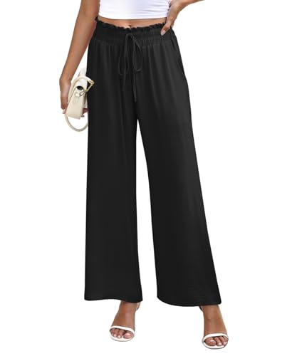 NILOUFO Women's High Waist Wide Leg Pants Elastic Drawstring Casual Loose Flowy Trousers with Pockets2