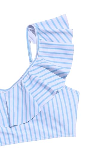 Cozyease Girl'S 2 Piece Swimsuits Striped Print V Neck Ruffle Hem High Waisted Bathing Suit Cute Bikini Set Blue And White 10-11Y thumb #2