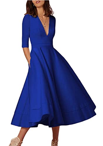 OMZIN Damen Sexy Party Kleid Tiefem V-Ausschnitt 50er Jahre Vintage Cocktailkleid Midi Sommerkleid,Blau L