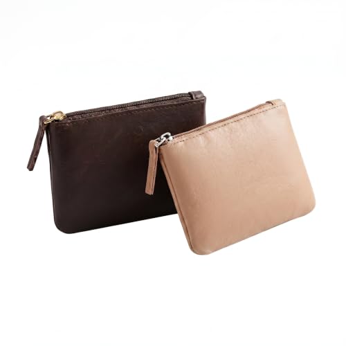 Image of Small Vegan Leather Coin Purse Pouch, Minimalist Zipper Wallet Set in Black and Beige, Compact Money Organizer, Makeup Pouch (Brown-Cream)
