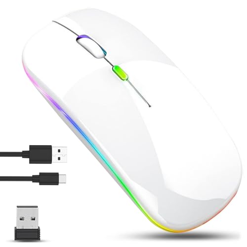 GLOBAL TECH LED Wireless Mouse Slim Rechargeable Wireless Silent Mouse 2.4G Portable USB Optical Wireless Cordless Mice with USB Receiver for Laptop PC Computer Mac (White)