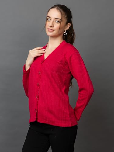 Image of Wear lusso Women's Woolen V-Neck Buttoned Full Sleeve Cardigan Self Design Soft Wool Fabric Winter Wear Pure Wool Sweater with Pockets Stylish Outdoor and Office Wear Girls