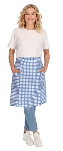Schuerzenfabrik Vorbinder Schürze mit Taschen Baumwolle blau kariert Vorstecker kurze Schürze Halbschürze Kochschürze kurz Karomuster 2 Taschen