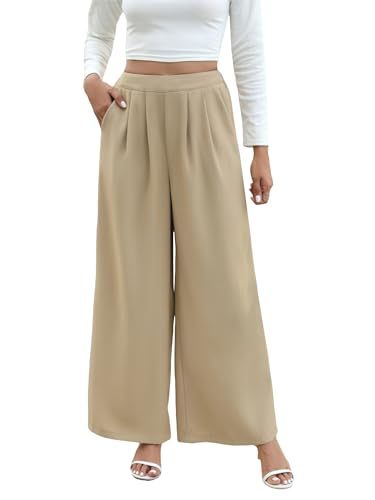 Women's Wide Leg Pants High Waisted Elastic Pleated Casual Palazzo Pants with Pockets