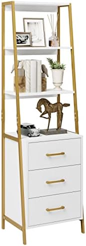 HITHOS 4-Tier Bookshelf, Tall Bookcase with 3 Wooden Drawers, Modern Ladder Book Shlef Storage Organizer for Living Room, Entryway, Office, White Gold