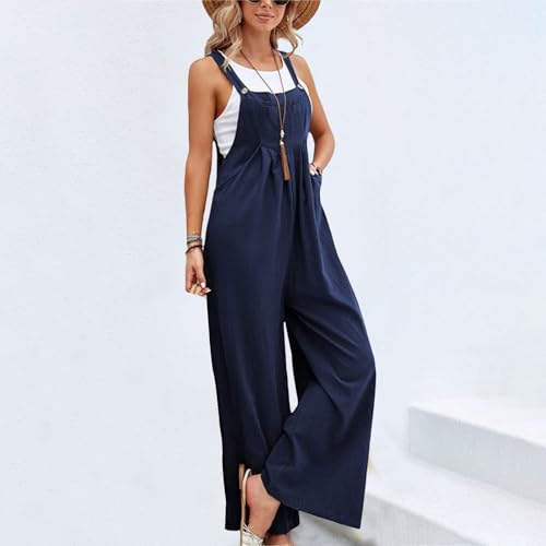 Image of Kubbon Womens Wide Leg Jumpsuits Sleeveless Straps Bib Overalls Summer Baggy Casual Pants Rompers Overalls with Pockets
