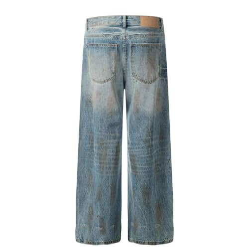 Jeans Pants Trouser Denim Retro Piercing Straight Tube Trendy Street Washed Blue Loose for Men4