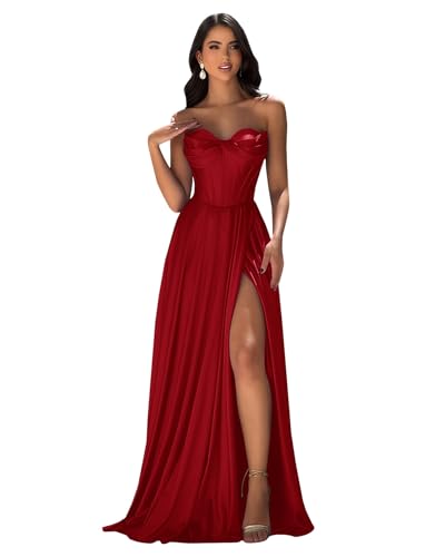 Chicbridal Strapless Prom Dress with Slit Satin A Line Long Ball Gowns for Women Sweetheart Corset Formal Dress with Pockets