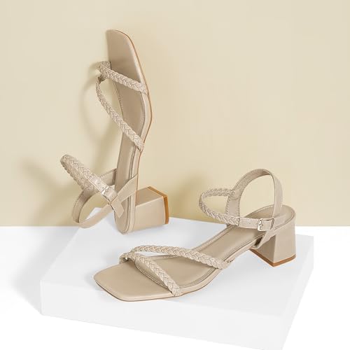 Greatonu Women's Braided Strappy Heeled Sandals 1.97 inch Low Chunky Block Heels Square Open Toe Ankle Strap Sandal Heels Dressy Sandals 2025 Party Wedding Prom Shoes2