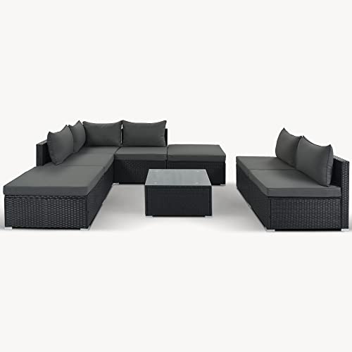 Evedy Outdoor Funiture 8-Pieces Patio Rattan Conversation, Garden Set, Single Sofa Combinable, Gray Cushions Black Wicker #TOP5