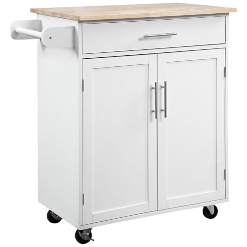 HOMCOM Desserte de Cuisine sur roulettes Chariot de Service Ilot de Cuisine avec tiroir de Placard et Porte-torchons - 83l x 45P x 91,5H cm Blanc