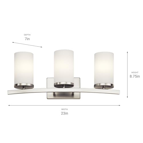 Image of Kichler Crosby 23 inch Vanity Light in Brushed Nickel, 3-Light Contemporary Bathroom Light with Satin Etched Cased Opal Glass, (23 inch L x 8.75 inch H), 45497NI