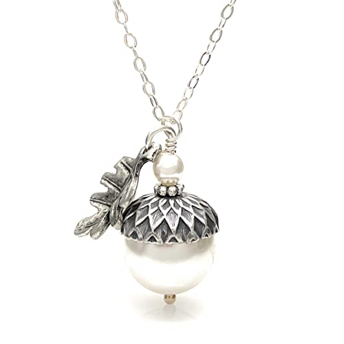 Dashe Designs 18 Inches Long Necklace For Women, Acorn Necklace With Oak Leaf And White Simulated Pearls, Crystal Pearl #TOP27