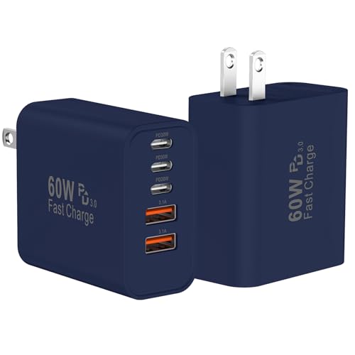 Image of USB C Fast Wall Charger Block, 2Pack 60W USBC Charging Cubes, 5-Port PD+QC Power Adapter Multiport Brick Type C Box Plug for Phone 17 /16 /15 /14 /13 /12 /11 /Pro Max /Plus, Pad Mini /Pro /S25 /S24-Deep Blue