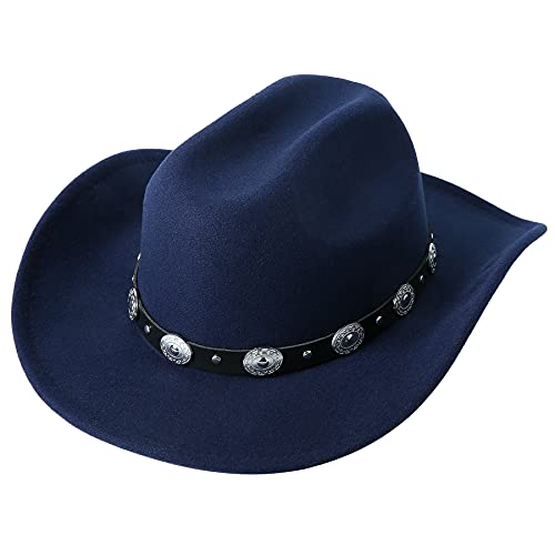 Lanzom Women Men Western Cowboy Cowgirl Hat Fedora Outdoor Felt Wide Brim Hat with Belt Buckle (Navy, Medium)