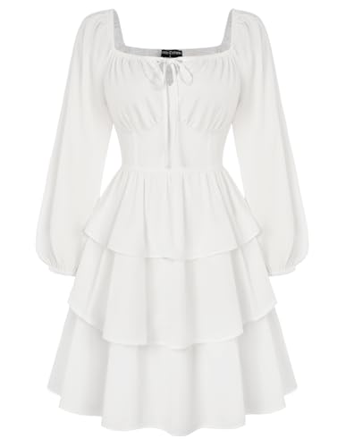 SCARLET DARKNESS Damen Renaissance Corsagenkleid Quadratischer Kragen Gesmokt Trachtenkleid Weiß L