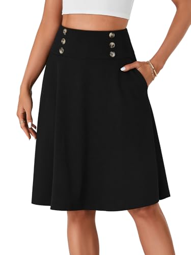 Vrtige Women's Casual High Waist Button Swing Flare A Line Midi Skirt with Pocket3