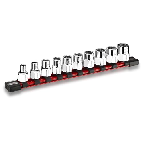 Image of WORKPRO 3 /8 inch Drive Socket Set, 10-Piece SAE Cr-V Socket Set with Organizer | Standard & Shallow Sockets, External Hex Socket, 1 /4 inch to 11 /16 inch, 6-Point, Size Markings, PVC Socket Rail, for Auto Repairs