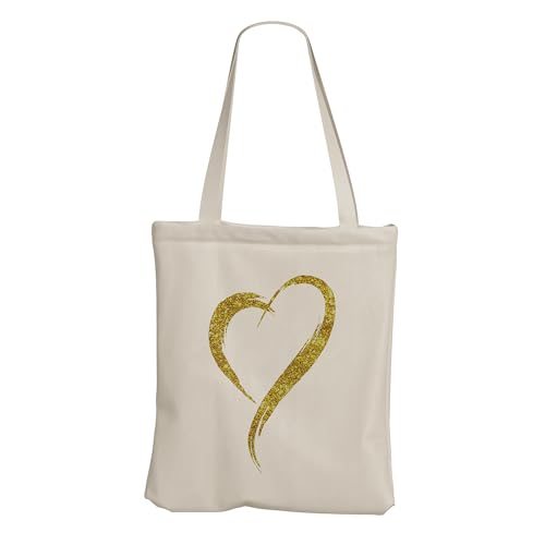 Bolsa de Praia Feminina Estampa Coração Grande em Tecido de Algodão Ecológico Com Costura Reforçada REC store (Dourado)