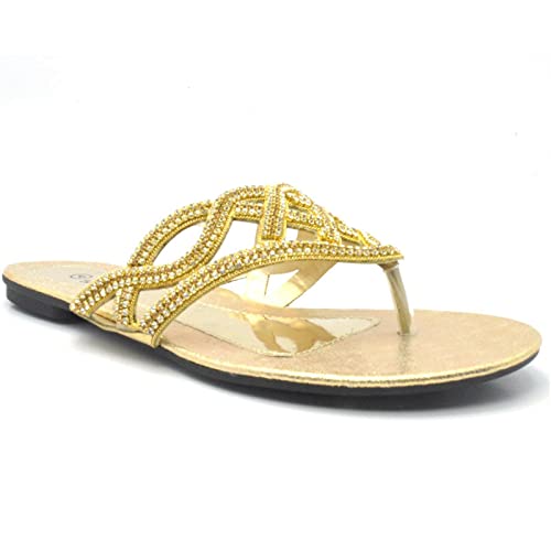 Shoe World Flip-Flops für Damen, flach, Keilabsatz, Zehentrenner mit Strasssteinen, für Sommer, Strand, Wandern, Gold - gold - Größe: 37 EU Cover