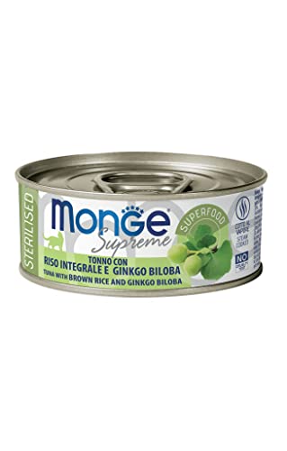 Monge Supreme TONNO STERILIZZATO CON RISO BRUNO E GINKGO BILOBA, cibo umido per gatti (Tonno con riso integrale e Ginko Biloba, molto ricco di fibre e vitamine, 80 g)
