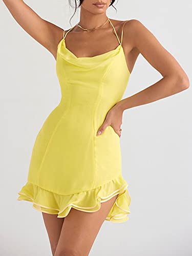 Image of Women's V Neck Adjustable Spaghetti Straps Sleeveless Sexy Backless Dress Y2k Lace Dresses Party Clubwear