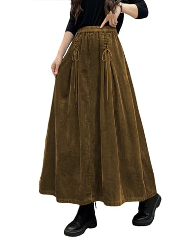 ebossy Women's Corduroy Maxi Skirt Elastic High Waist Drawstring Tie Front A-Line Pleated Long Skirt with Pockets, Brown, S