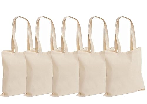 Clossy London 100% Cotton Canvas Reusable Shoulder Tote Bag Natural Colour with handle for Shopping Grocery Handbag Eco-Friendly Organic material decays and compost easily recyclable (Natural 5 Pack)