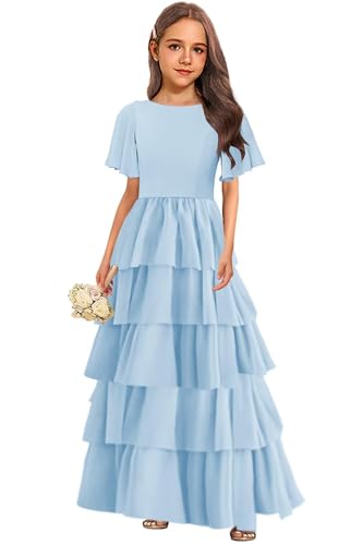 Tiered Chiffon Junior Bridesmaid Dresses for Wedding Short Sleeve A-Line Bow Flower Girl Dress Party Pageant Gowns3