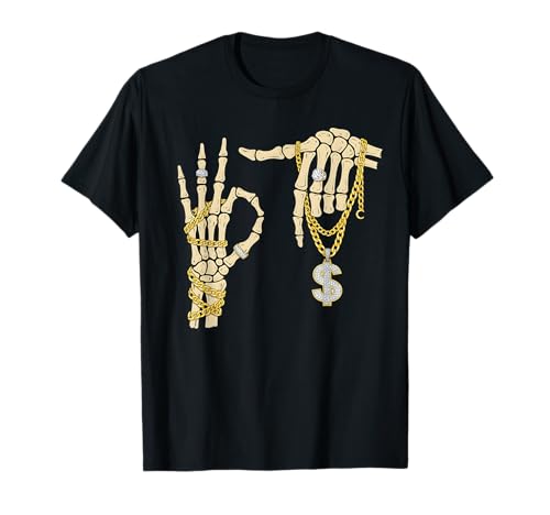67 Six Seven Meme Novelty Skeleton Hand Bling Chain Rings T-Shirt