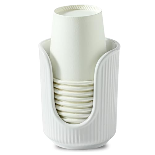 Dobbyby Ceramic Bathroom Cup Dispenser with Stylish Vertical Stripes - Disposable Mouthwash Cup Holder Holds 3-4oz Paper Cups for Rinsing Cups on Bathroom Vanity Countertops (White)